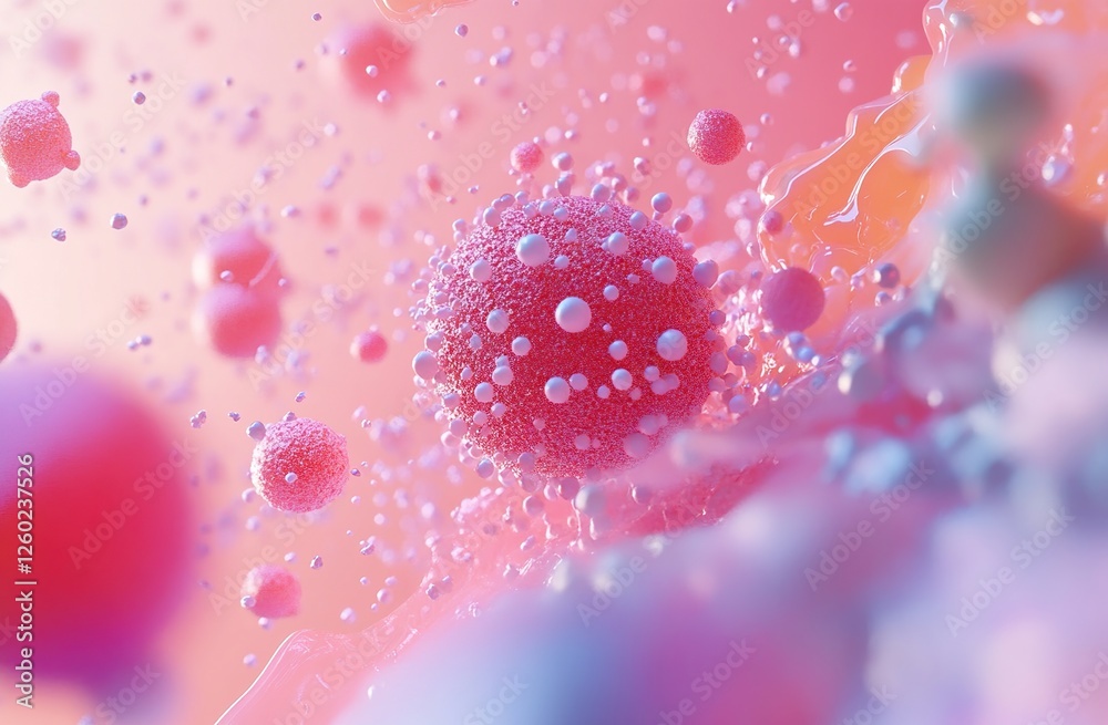 Poster Microscopic Cellular Structures Interact Dynamically in a Vivid Pink and White Fluid Simulation
