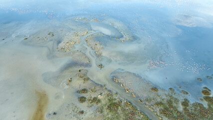 Aerial drone landscape of Lake Yarisli (aka Yarışlı Gölü) and its unique shapes at its delta, Yesilova, Burdur, Turkey