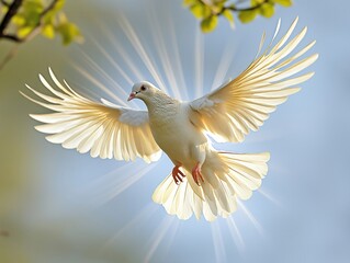 Fototapeta premium A majestic white dove soaring with its wings fully outstretched, illuminated by sunlight, symbolizing peace, freedom, and spirituality
