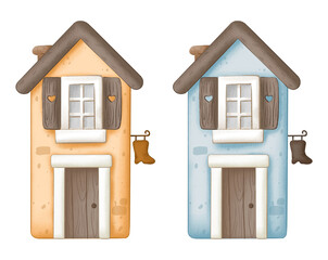 Watercolor illustration of Dutch houses with a shoemaker's sign in soft pastel shades of blue and yellow. Magical journey to Europe. Travel to the Netherlands. Amsterdam streets. Dutch architecture. 