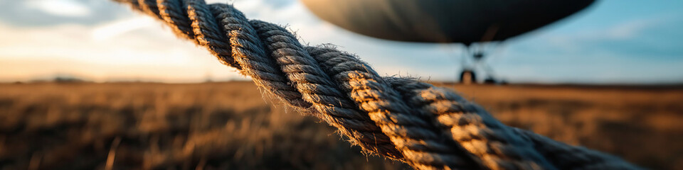 Close-up of Rope with Blurred Hot Air Balloon and Field Background