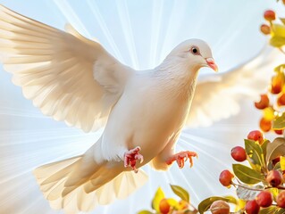 Obraz premium A radiant white dove gracefully descending with its wings fully extended, illuminated by sunlight, symbolizing peace, purity, and hope