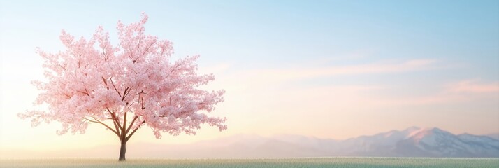 Beautiful Blooming Cherry Blossom Tree on a Sunny Hilltop