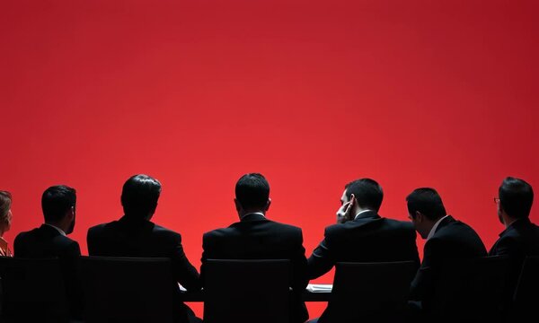 A group of six silhouetted figures sits together, facing away from the viewer against a striking red background, evoking themes of teamwork, unity, and shared experiences.