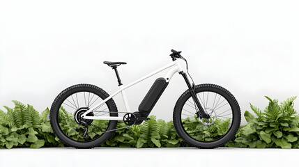 Electric bicycle on natural white wall, fern plants. For outdoor advertisement