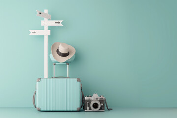 Blue Suitcase and Hat, Camera with Signpost on Pastel Blue Background. Travel Concept. Generative AI