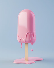 Pink ice cream on a stick on a blue background. 3d rendering. Generative AI