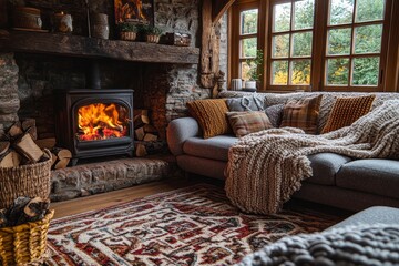 Cozy autumn cottage living room fireplace scene