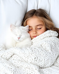 Girl and cat sleeping cozy under blanket in a white bed. Wellbeing concept