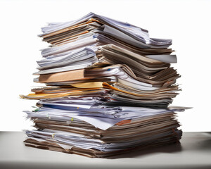 Paperwork, bureaucracy, and office work are symbolized as a huge mound of documents. isolated on a clear backdrop