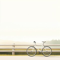 Obraz premium A minimalist scene features a white bicycle leaning against a railing, set against a soft, hazy background of grass and trees.