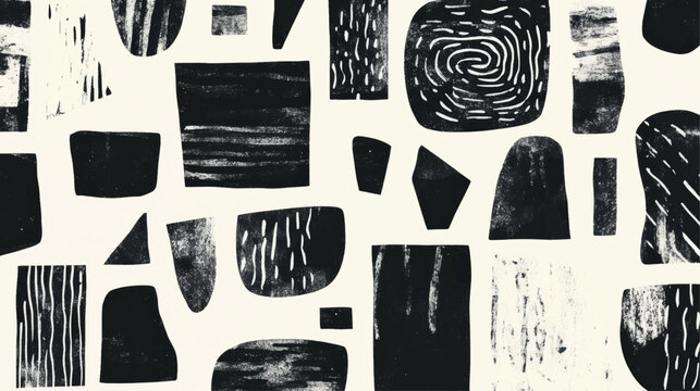 Linocut style organic and geometric shapes background texture pattern. Vector contemporary art, abstract art.