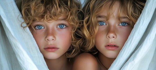 Two Young Children With Blonde Hair and Striking Blue Eyes Peering From Behind a White Sheet