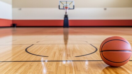 Naklejka premium School Concept, Empty Gymnasium with Polished Wooden Floors and Basketball on the Court Ready for Play