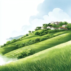 Fototapeta premium A serene landscape featuring lush green hills, dotted with quaint houses and a blue sky, evoking a peaceful countryside atmosphere.