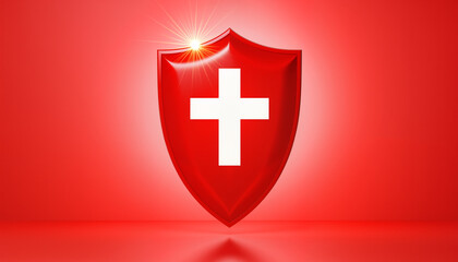 Obraz premium Red shield with white cross and glowing light effect