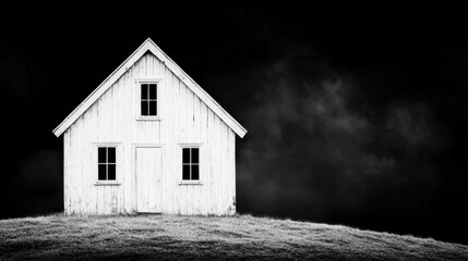 Obraz premium a small white house sitting atop a grassy hill, with a dark background The house has a door and windows, giving it a peaceful and serene atmosphere