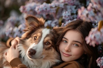 Girl lovingly embraces her adorable red merle border collie amidst a vibrant lilac bush.