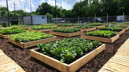 Urban community garden, leafy greens growing, sunny day, industrial background, healthy food