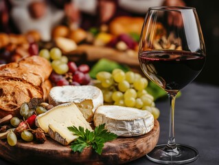 A rustic cheese platter with creamy brie, fresh grapes, crusty bread, and a glass of red wine, creating a warm and elegant dining atmosphere