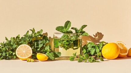Invigorating herbal tea brewed from fresh green mint leaves is presented in a clear glass mug on a beige backdrop. This healthful beverage offers a refreshingly aromatic and revitalizing experience. 