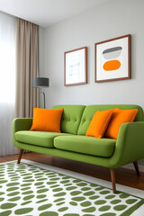 Modern living room Green sofa, orange cushions, abstract art, bright natural light