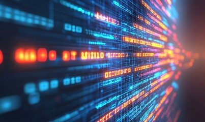 Obraz premium Binary code streams, data flow, digital information transfer, cybersecurity background