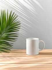 Mug mockup with tropical leaf shadow on wooden table for product display