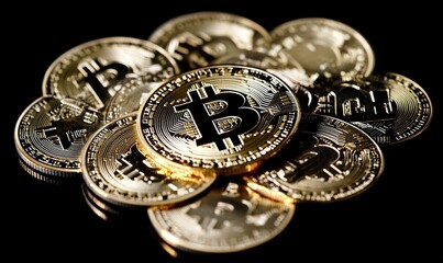 Bitcoin coins stacked on black background, cryptocurrency investment concept