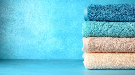  a stack of colorful towels on a blue background The towels come in a variety of colors, including blue, green, yellow, and pink The background is a bright blue, p