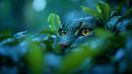 Obraz premium Cat hiding in rain, green leaves, night