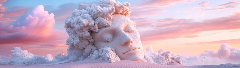 Obraz premium A stunning desert landscape showcases soft sand dunes resembling a giant's face, bathed in warm sunset hues. The surreal atmosphere creates a cinematic feeling of tranquility and wonder