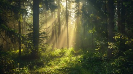 Obraz premium A misty forest with beams of sunlight streaming through the trees.