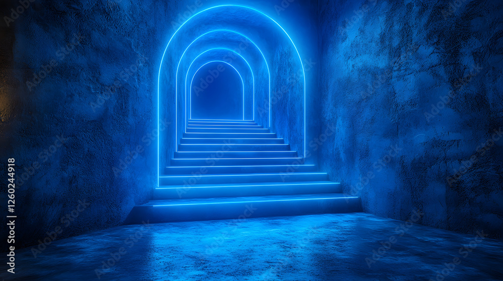 Poster a mesmerizing blue-lit staircase leads into a mysterious archway, creating an enchanting and futuris