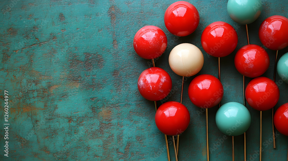 Poster colorful vintage pins in red and turquoise arranged on a textured teal background, creating a visual