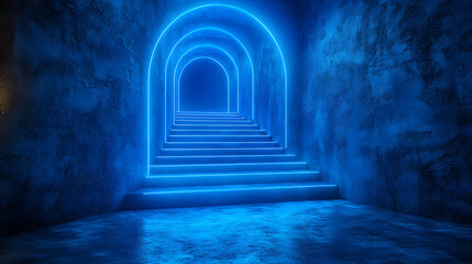 Fototapeta premium A mesmerizing blue-lit staircase leads into a mysterious archway, creating an enchanting and futuristic atmosphere