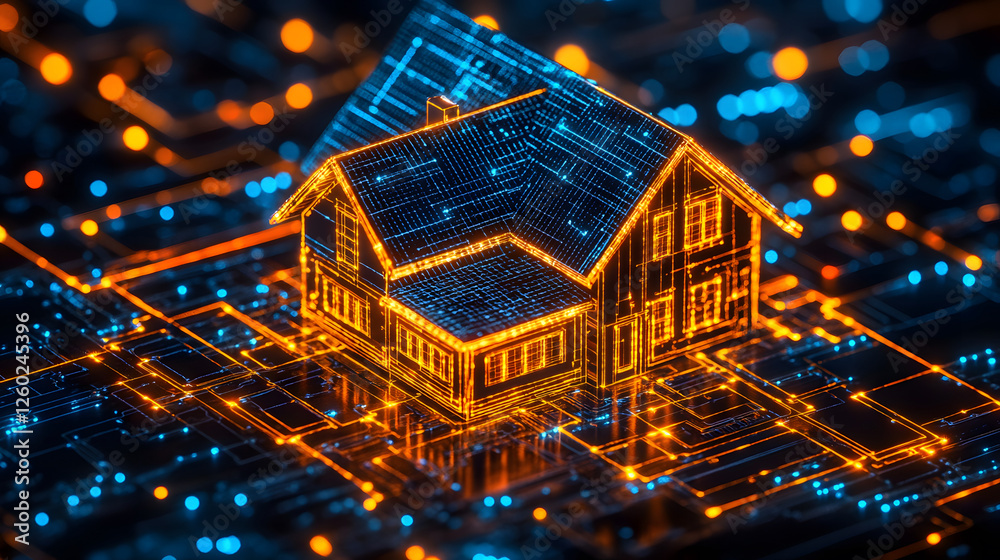 Poster a glowing, digital house model sits on a circuit board, symbolizing the intersection of technology a