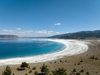 Panorama landscape of Lake Salda (Salda Gölü) on a sunny day, Burdur, Turkey. 