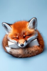 Fototapeta premium Adorable Red Fox Cub Napping Peacefully with Cardboard Box