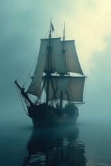 Fototapeta premium Wooden frigate sails into thick fog, masts silhouetted , sailing, mystery, dramatic