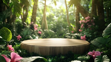 Fototapeta premium wooden platform in lush tropical jungle setting