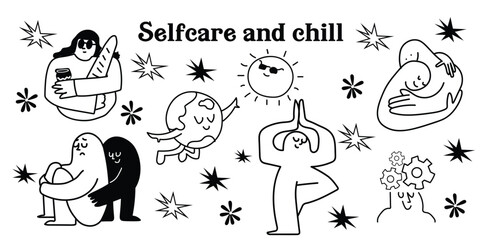 A heartfelt line art collection celebrating self-care, emotional support, and human connection. Featuring gentle hugs, deep thoughts, and comforting moments. Perfect for branding, and designs.