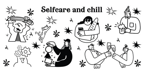 Aesthetic line-art illustration set for charming café. Featuring fancy people enjoying coffee, tea, and delicious treats. Perfect for café-themed designs, coffee lovers, coffee shops