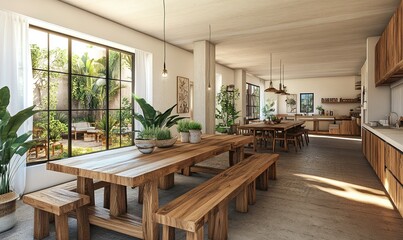 Bright open-plan kitchen and dining area with garden view, ideal for communal meals