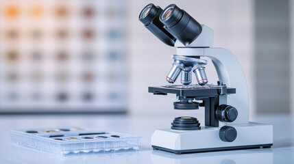 School Concept, Clean laboratory bench with microscope and slide trays arranged for scientific examination in modern research facility
