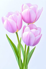 Fototapeta premium Three pink tulips bouquet in soft light, a gift for spring decoration or greeting