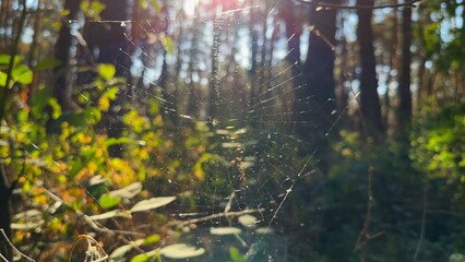 Spiderweb swaying in wind at forest with sunlight at background. Spider builds a cobweb at woodland. Beautiful nature scene on summer park at sunset. Concept of wildlife. Slow motion