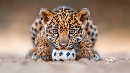 Naklejka premium a jaguar cub playing with a soccer ball on the ground, surrounded by stones The background is slightly blurred, giving the image a dreamy feel