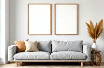 Two wooden vertical frames mockup, mockups, living room with grey sofa, beige pillow, empty vertical mockups for pictures in the living room, white empty space for picture on the wall 