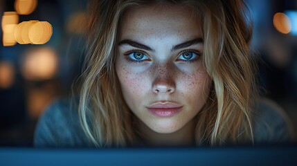 Exhausted businesswoman staring at a computer screen in a modern office environment